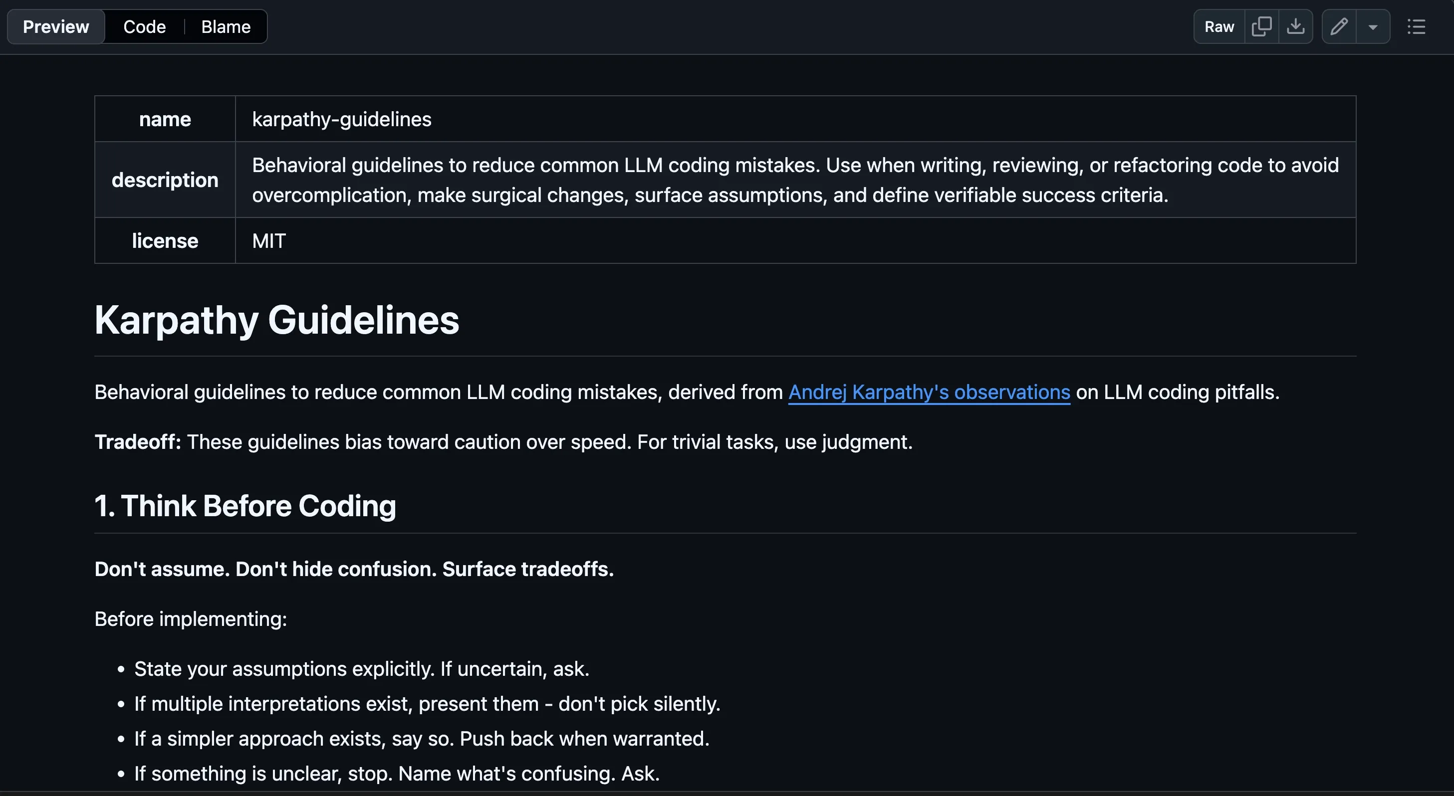 GitHub preview of the karpathy-guidelines SKILL.md, the most-starred Claude skill, showing its frontmatter table and opening sections.